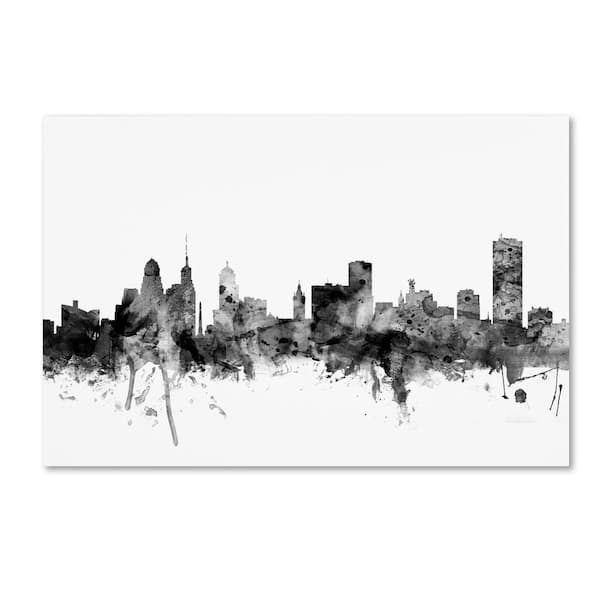 Trademark Fine Art Buffalo New York Skyline Black and White by Michael Tompsett Floater Frame Architecture Wall Art 16 in. x 24 in.