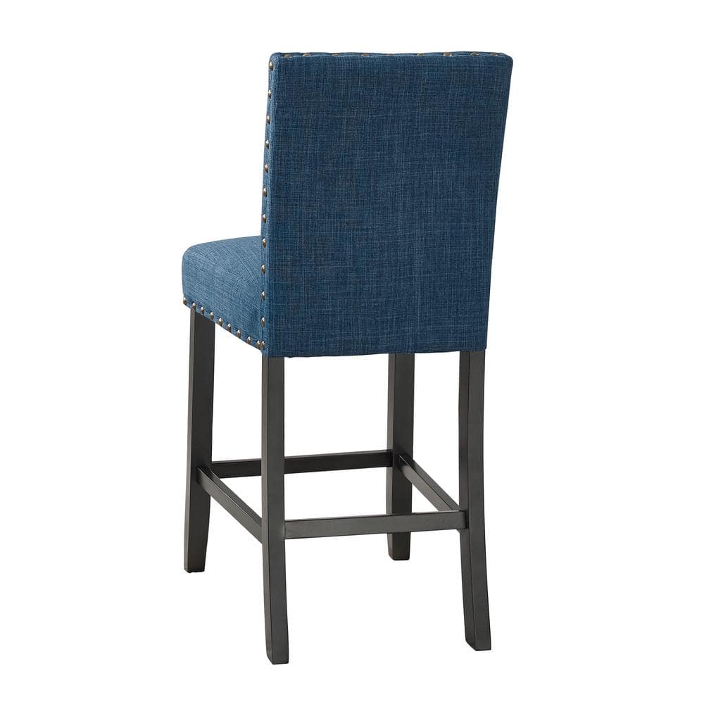 Marine Blue Upholstered Counter Stools with Nailhead Trim, Set of 2