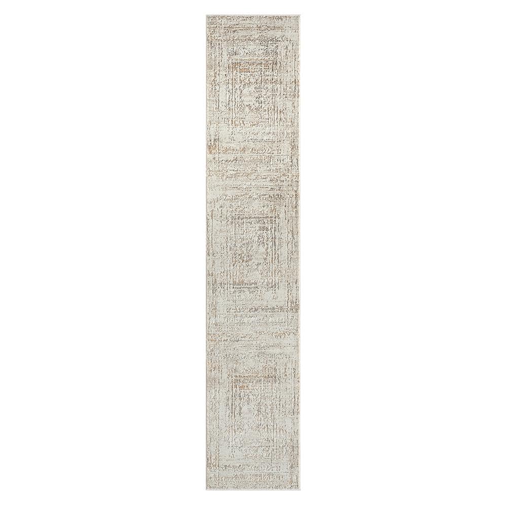Transitional Distressed Beige/Gray 2 ft. x 8 ft. Bordered High-Low Textured