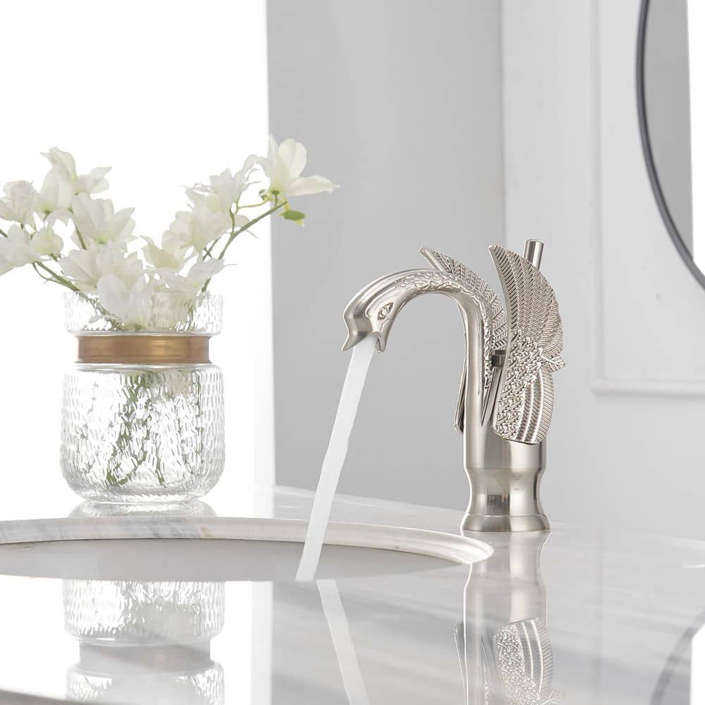 Brushed Nickel Swan Single Handle Bathroom Faucet with Pop Up Drain