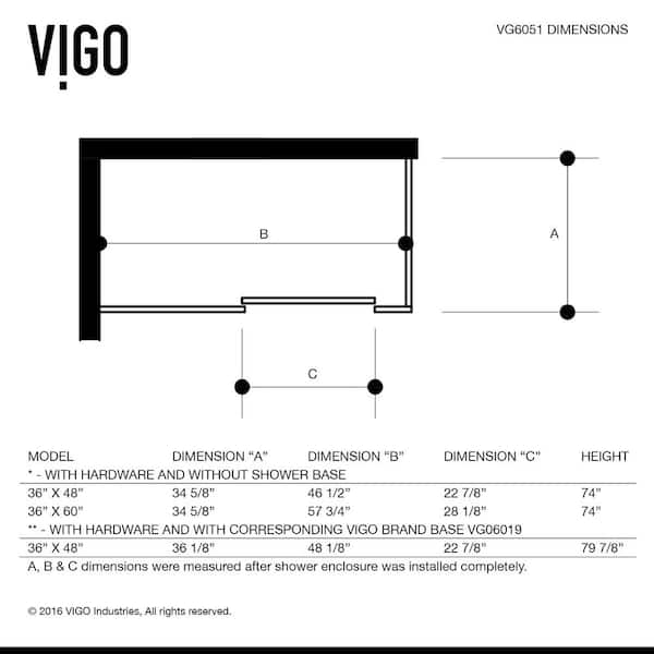 VIGO VG6051STCL48 Frameless Tempered Glass Sliding Enclosure Steel