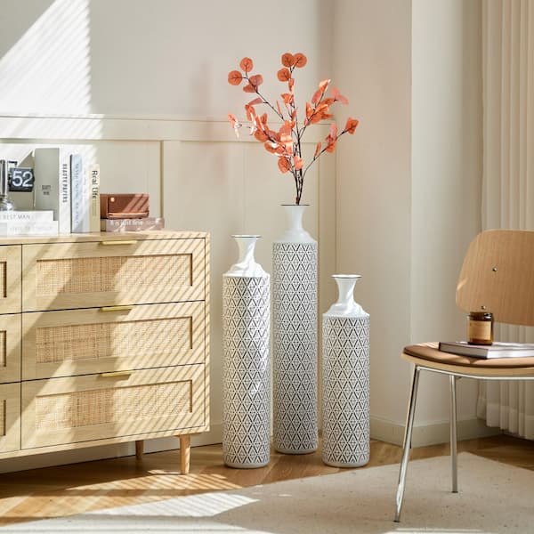 25 in./29 in./34 in. Modern Floor Vases, White Metal Bottle Vases with Gold Accents and Geometric Embossing (Set of 3)