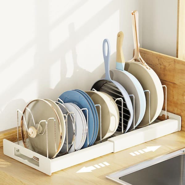 Black Expandable Adjustable Pot Lid Organizer Rack with 10 Compartments Under Cabinet Space Saving Pot Rack