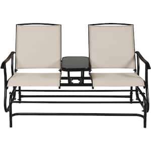 2-Person Black Metal Outdoor Bench Glider Loveseat Rocking with Center Table