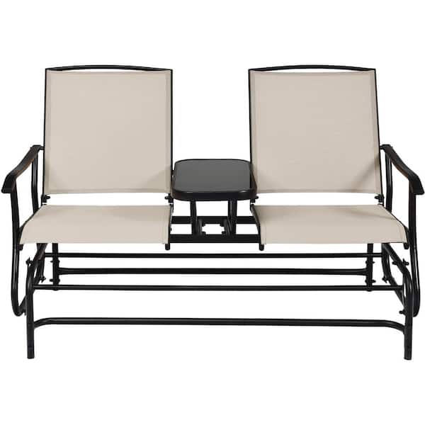 Costway 2-Person Black Metal Outdoor Bench Glider Loveseat Rocking with Center Table