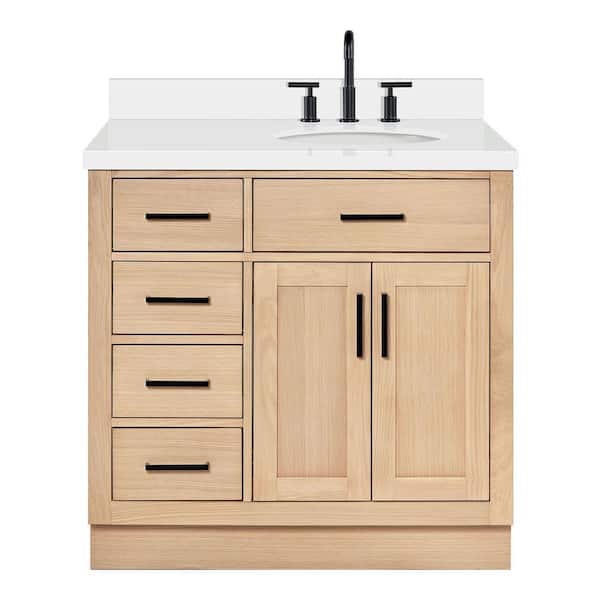 Hepburn 37 in. W x 22 in. D x 36 in. H Single Freestanding Bath Vanity in Oak with Pure White Quartz Top