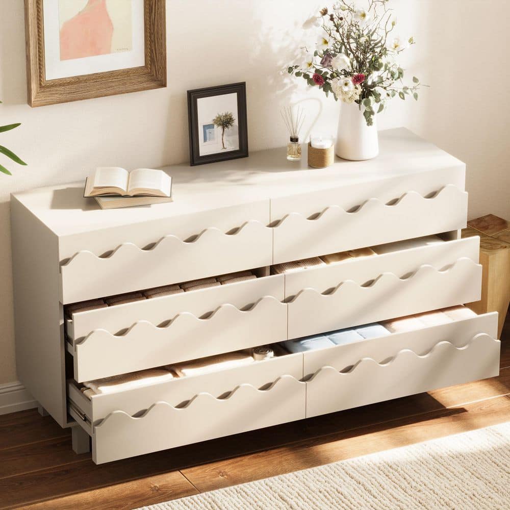 Modern Ivory 6-Drawer Dresser 60 in. Wide Chest of Drawers with Wave Front Design, Clothes Storage Organizer price history on PriceWatchPro