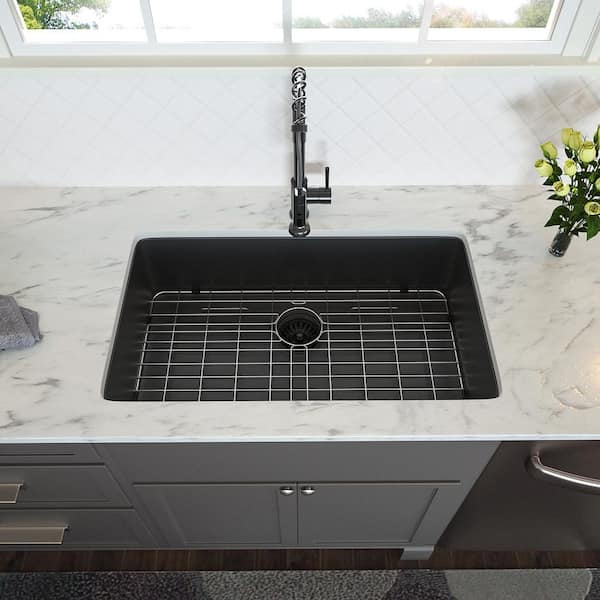Timussi 33 in. Undermount Single Bowl 16 Gauge Gunmetal Black Stainless Steel Kitchen Sink with Bottom Grids