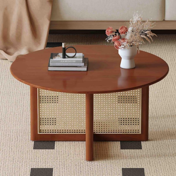 Polibi 33.5 in. Red Round Wood Coffee Table with Rattan Legs