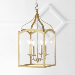 Ruth 11 in. 4-Light Antique Gold Traditional Classic Lantern Metal/Glass LED Geometric Pendant
