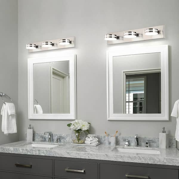 23.6 in. 3-Light Nickel LED Vanity Light with Dimmable 5500K Light and 270° Swivel Range Acrylic Lampshade