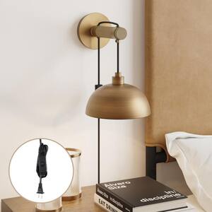 Daniel 8 in. W 1-Light Vintaged Brass Modern Wall Sconce, Wall Mounted Plugin Lamp, with Wide Bowl Shade