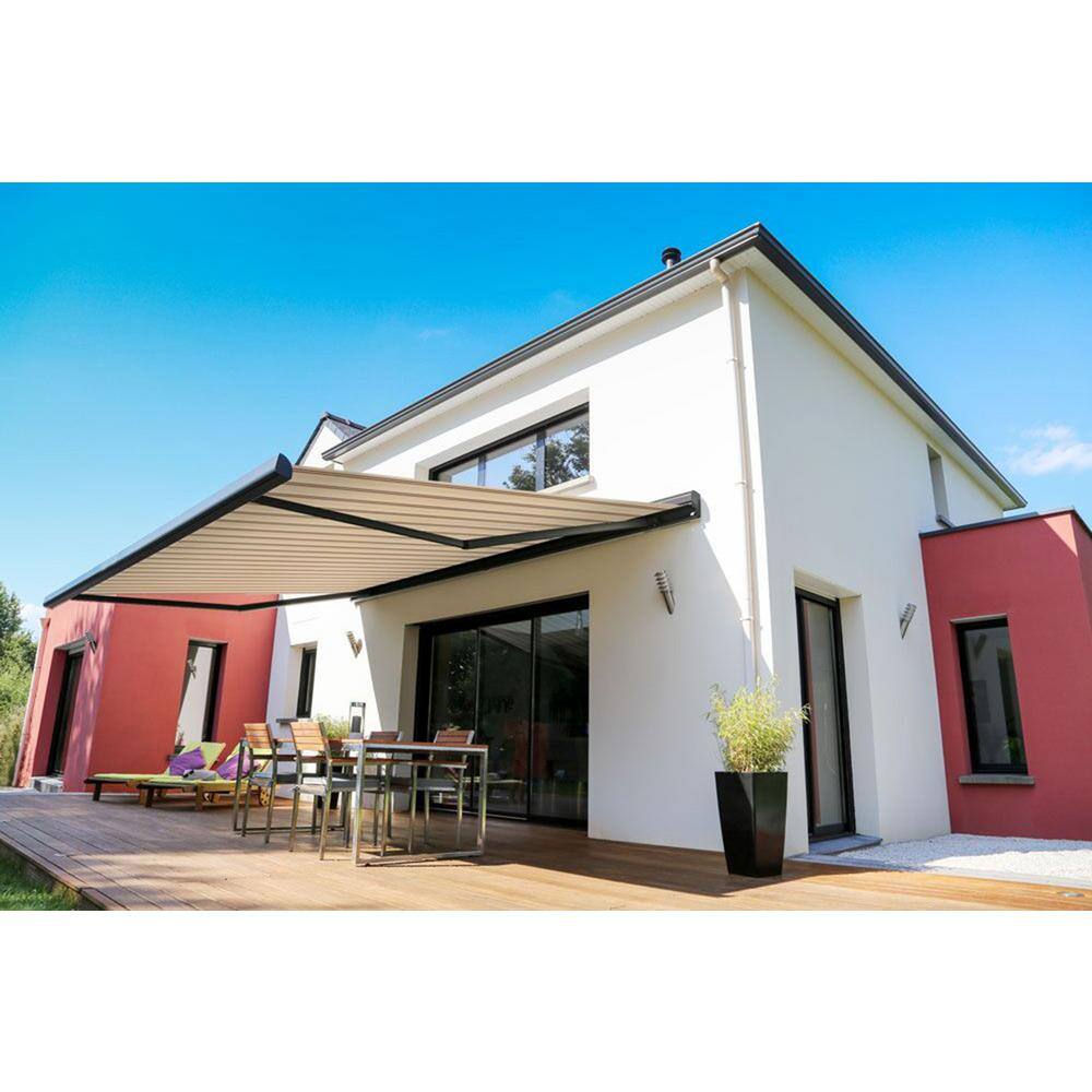 Beige and Red Striped Motorized Patio Awning with Aluminum Frame