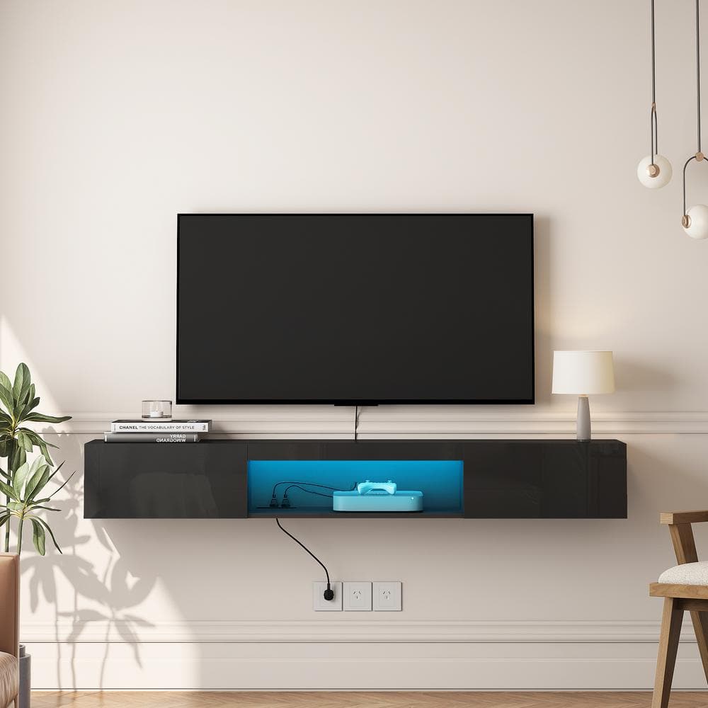 63 in. W x 12.2 in. D Black MDF Floating TV Stand Decorative Wall Shelf Wal