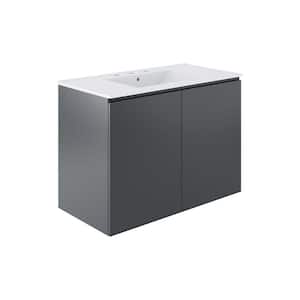 Bryn 36 in. Wall-Mount Gray White Ceramic Bathroom Rectangular Vessel Sink with Integrated Countertop