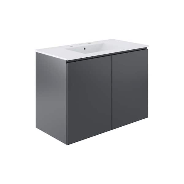 MODWAY Bryn 36 in. Wall-Mount Gray White Ceramic Bathroom Rectangular Vessel Sink with Integrated Countertop