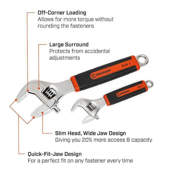 6 in. and 10 in. Cushion Grip Adjustable Wrench Set (2-Piece)