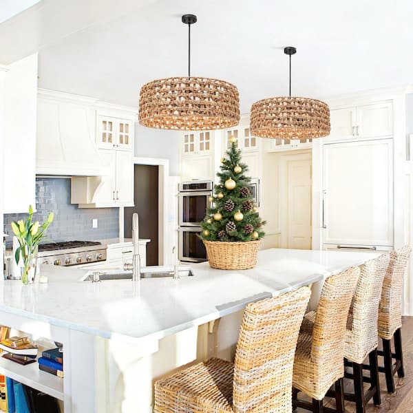 Modern 5-Light Black Natural Rattan Drum Chandelier Farmhouse Chandelier for Living Room Bedroom Dining Room Kitchen