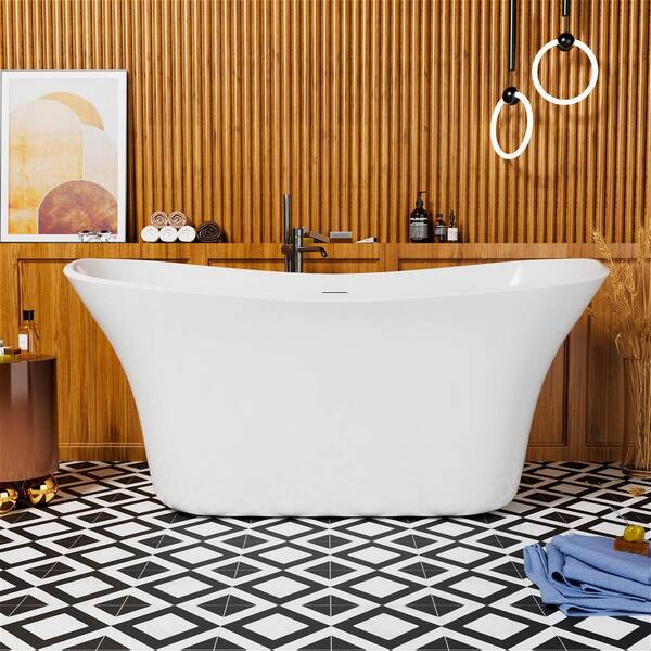 Mokleba 59 in. Acrylic Classic Elegant Curve Shaped Flatbottom Non-Whirlpool Double-Ended Full Immerse Soaking Bathtub in White