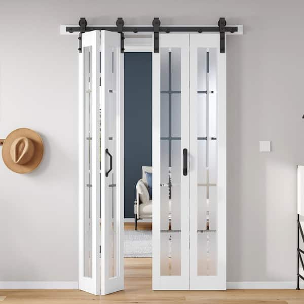 48 in. x 84 in. Full Lite Pre Assembled Frosted Glass Solid Core Wood White Finished Bi-Fold Door with Hardware