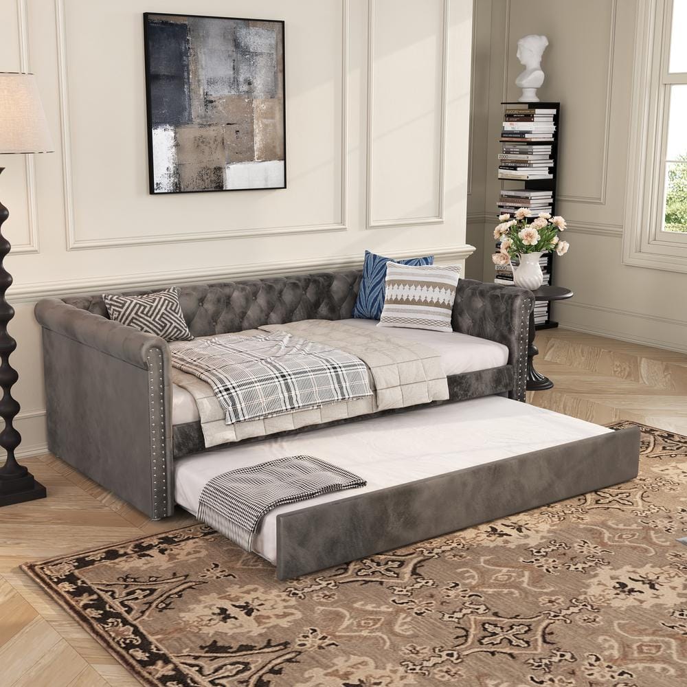 Gray Velvet Upholstered Twin Daybed with Trundle and Nailhead Trim