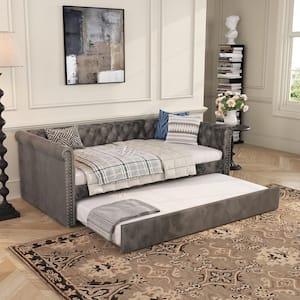 Ansha Modern Twin Upholstered Velvet Daybed with Trundle, Tufted, Nailhead Trim, Mattress Not Included, Grey