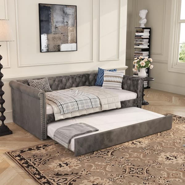 Ansha Modern Twin Upholstered Velvet Daybed with Trundle, Tufted, Nailhead Trim, Mattress Not Included, Grey