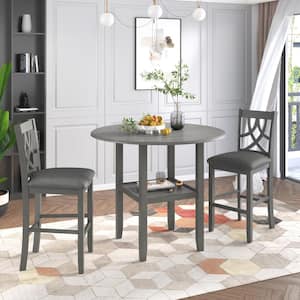 3-Piece Wood Top Gray Dining Table Set with Drop Leaf Table and One Shelf