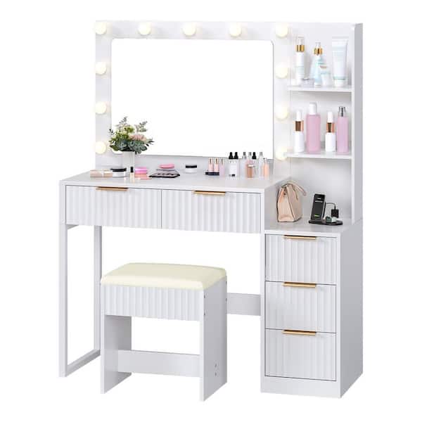 2-Piece White Makeup Vanity Set with 11 Three-color Dimmable Bulbs, 5-Drawers and 2-tier Shelves