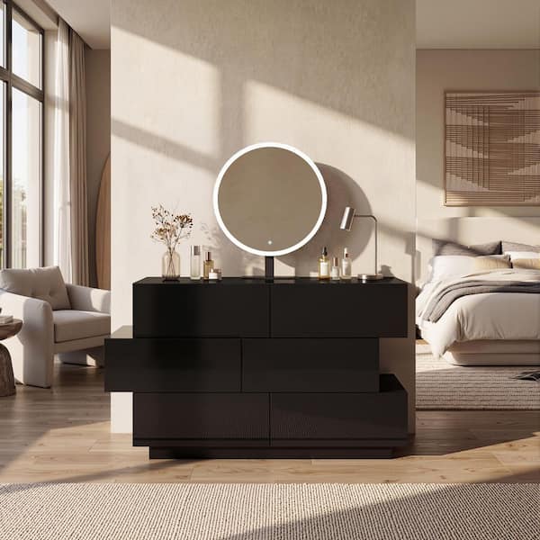 Kingdely Black 6 Drawer 46.1 in. Wide Dresser with Mirror, 3-Color LED, Adjustable Mirror Angle, Dimmable, Modern Design Z-260075-01+7