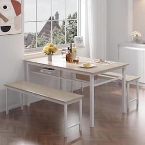 3-Piece Farmhouse White Oak MDF Kitchen Dining Table Set with 2 Benches for Home Kitchen, Dining Room (Seats 4)