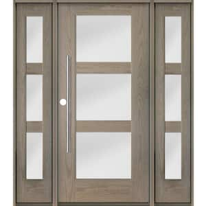 Faux Pivot 64 in. x 80 in. 3-Lite Right-Hand/Inswing Satin Glass Oiled Leather Stain Fiberglass Prehung Front Door w/DSL