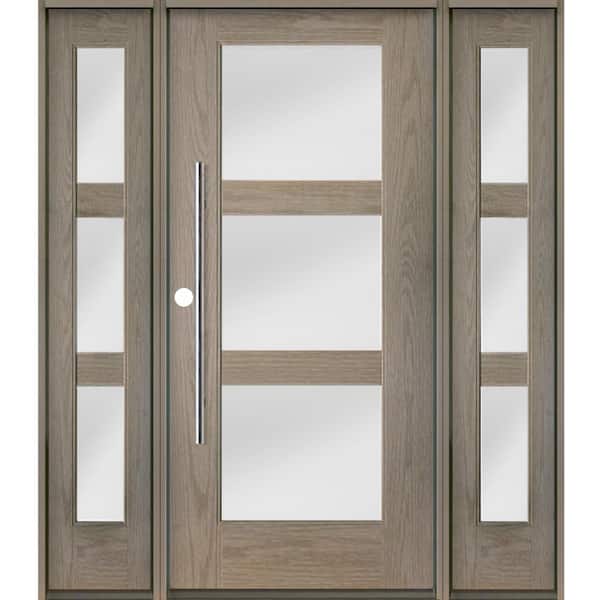 Krosswood Doors Faux Pivot 64 in. x 80 in. 3-Lite Right-Hand/Inswing Satin Glass Oiled Leather Stain Fiberglass Prehung Front Door w/DSL