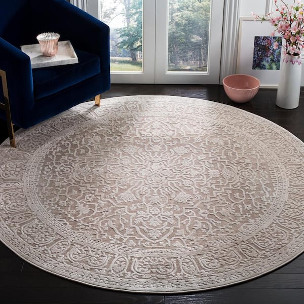 Reflection 11 ft. x 11 ft. Round Beige/Cream Distressed Floral Area Rug