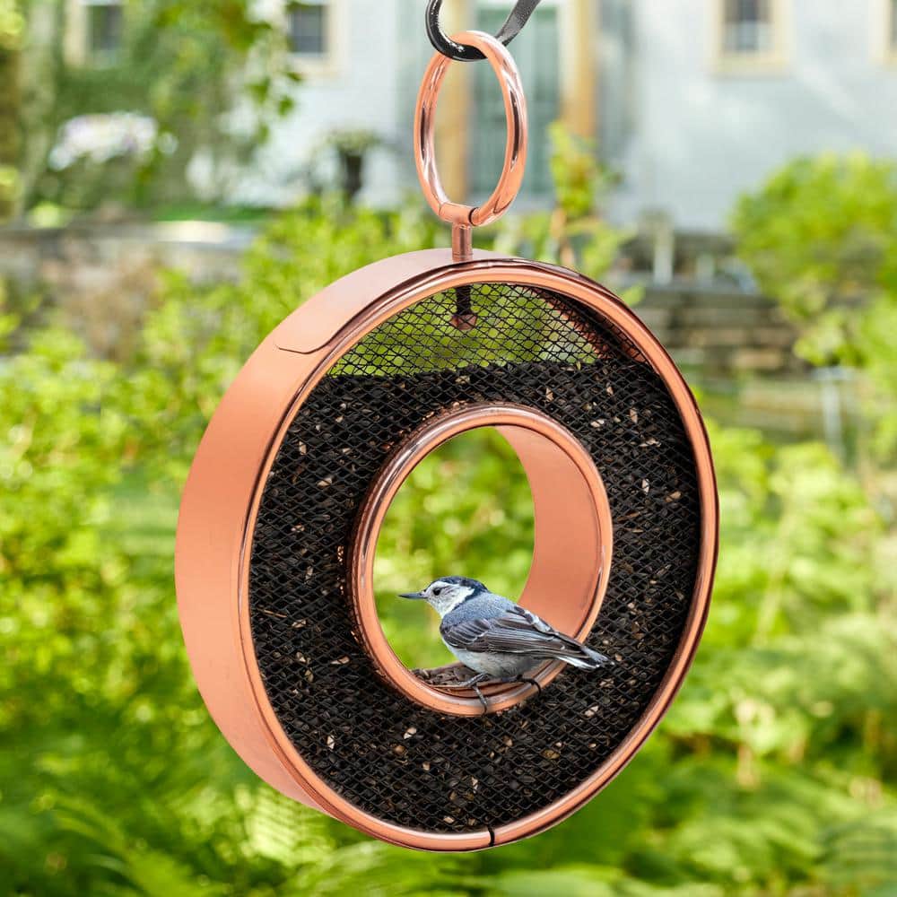 Copper and Black Hanging Circular Bird Feeder with Mesh