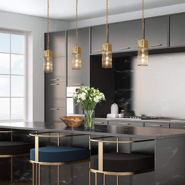 Mid-Century Modern Kitchen Island Pendant Light 1-Light Gold Rectangle Pendant Light with Cracked Glass Shade