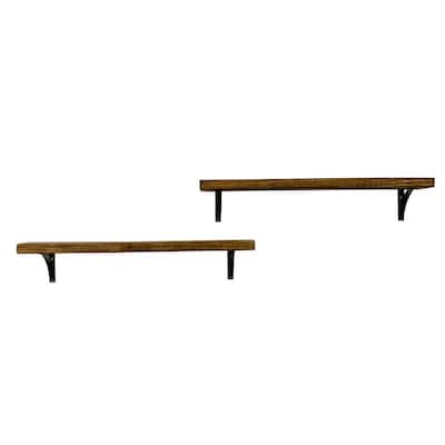 Industrial Grace Simple 5.5in x 36in x 7in Dark Walnut Pine Wood Set of 2 Floating Decorative Wall Shelves with Brackets
