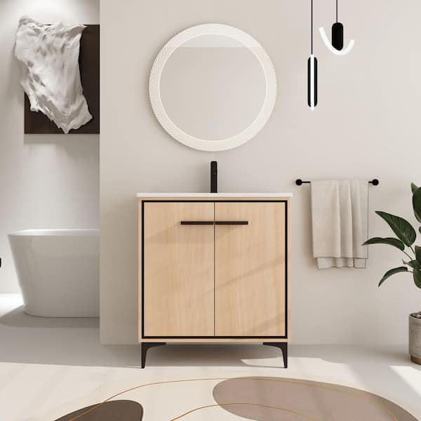 30 in. W x 18.31 in. D x 33.86 in. H Freestanding Bath Vanity in Light Brown with White Ceramic Vanity Top