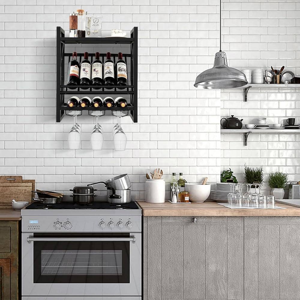 10-Bottle Black Wall Mounted Wine Rack with Glass Holder