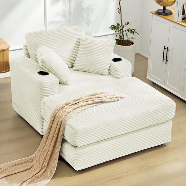 43 in. Beige Corduroy Velvet Chaise Lounge Fabric Sleeper Sofa Bed with 3 Back Pillows and 2 Cup Holders