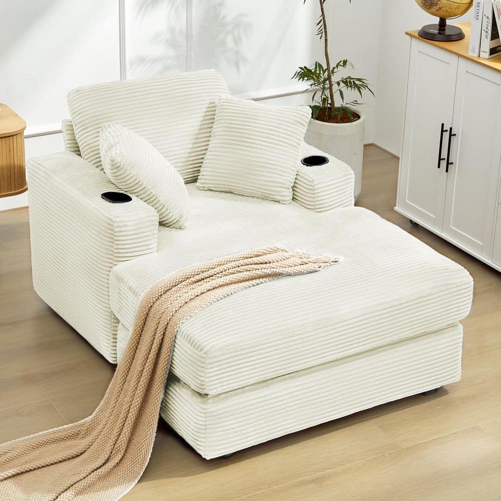 43 in. Beige Corduroy Velvet Chaise Lounge Fabric Sleeper Sofa Bed with 3 Back Pillows and 2 Cup Holders