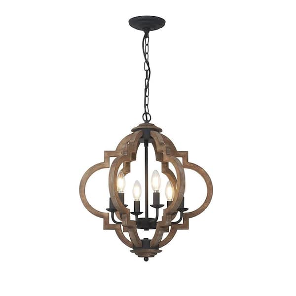 Lasaideal 19 in. 6-Light Solid Wood Farmhouse Brown Pendant Light Chandelier with No Bulbs Included