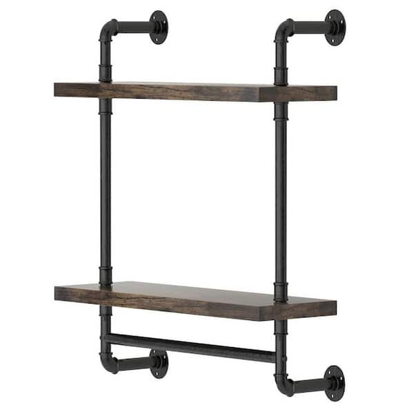 2 Tier 15.70 in W x 25.28 in D Rustic Brown Solid Wood Industrial Pipe Decorative Wall Shelf
