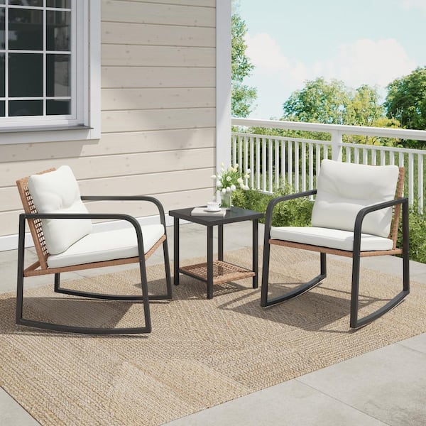 Freestyle 3-Piece Wicker Outdoor Rocking Chair Bistro Conversation Set with Creamy White Cushions