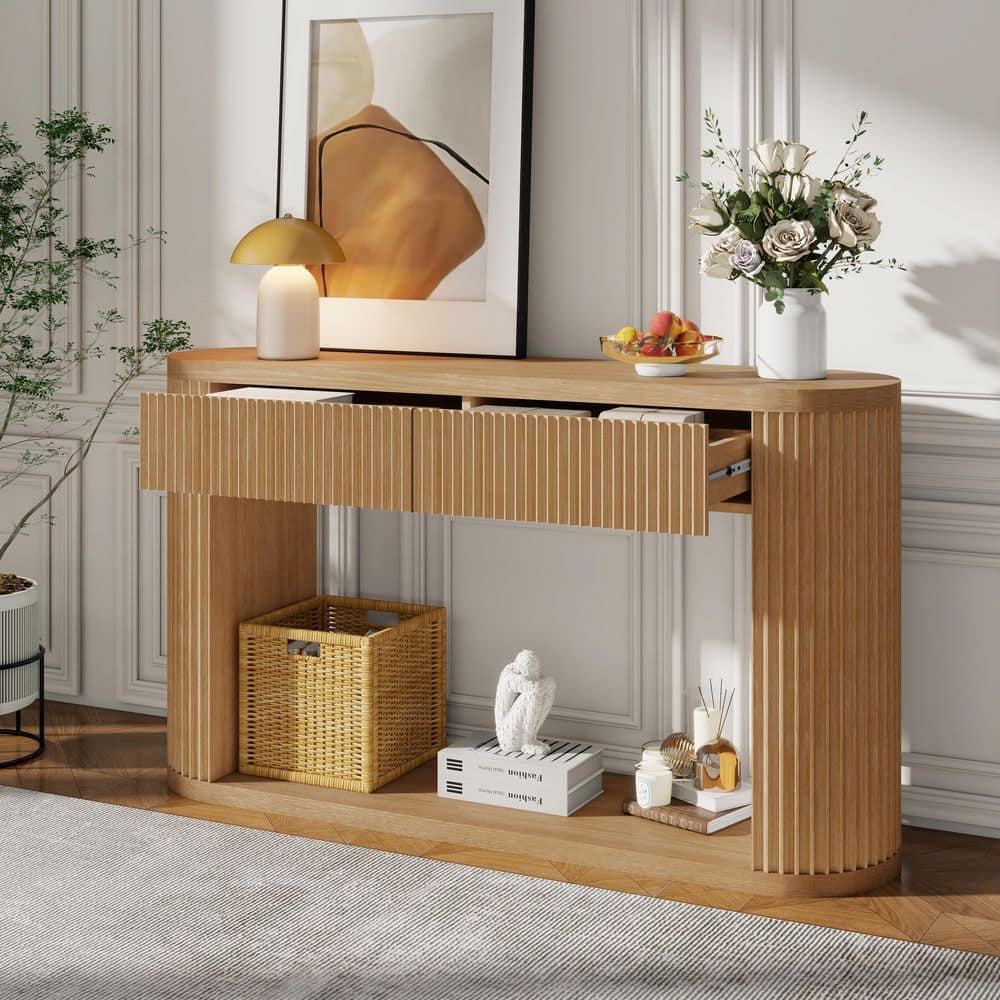 Harper & Bright Designs 53 in. Natural Oval Wood Fluted Console Table ...