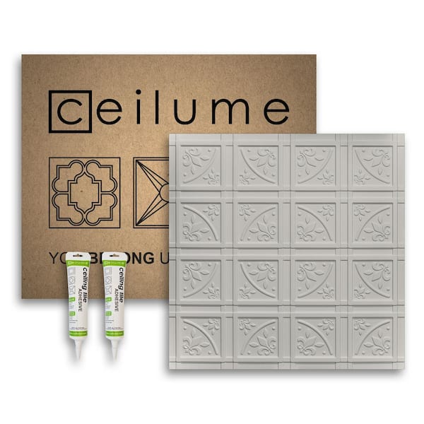 Ceilume Lafayette 2 ft. x 2 ft. Glue Up Vinyl Ceiling Tile and Backsplash Kit in Stone (21 sq. ft./case)