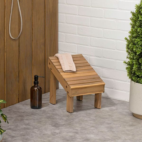 Saru 11.8 in. Traditional Classic Solid Acacia Wood Shower Shaving Foot Stool, Light Teak