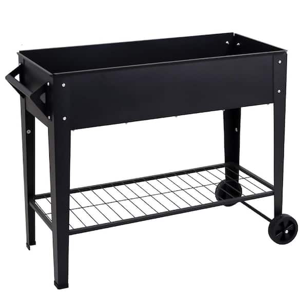 Unbranded 32 in. Tall Black Alloy Steel Rectangular Outdoor Tall Raised Garden Bed with Wheels and Shelf, Anti-Rust Planter Box