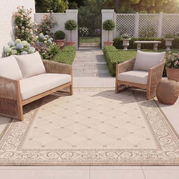 Courtyard Natural/Brown 8 ft. x 11 ft. Border Indoor/Outdoor Patio Area Rug