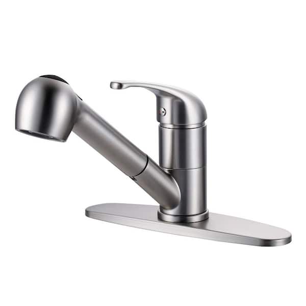 6.8 in. H Single Handle 90 Degree Spout Swivel Pull Out Sprayer Kitchen Faucet with Deckplate in Brushed Nickel